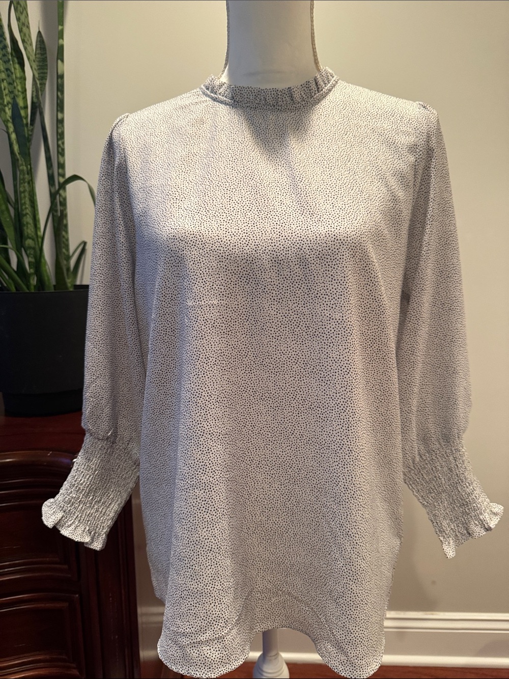 Cream and Black Speckled Ruffled Mock Neck Blouse